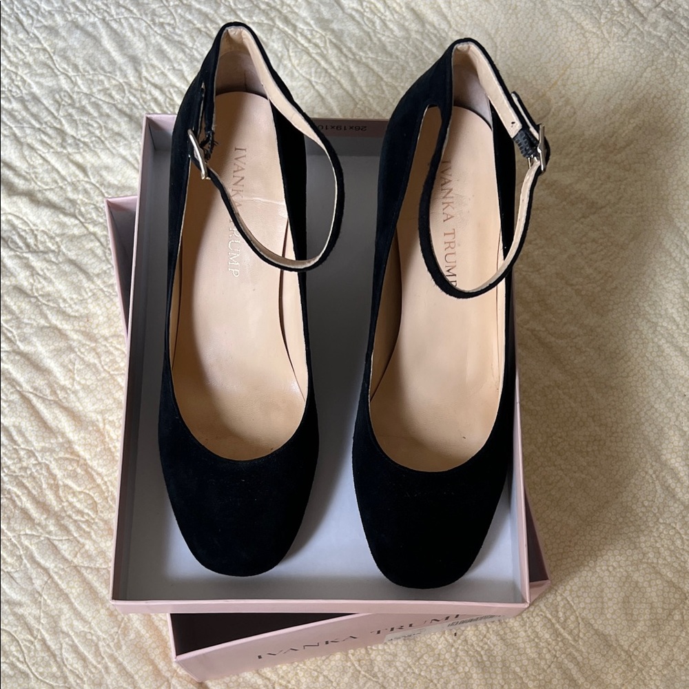 Ivanka Trump Black Suede Ankle-Strap Round-Toe Pumps